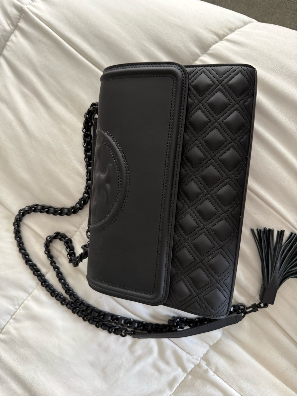 Tory Burch Black Quilted & Smooth Leather Chain Crossbody with Tassel Accent